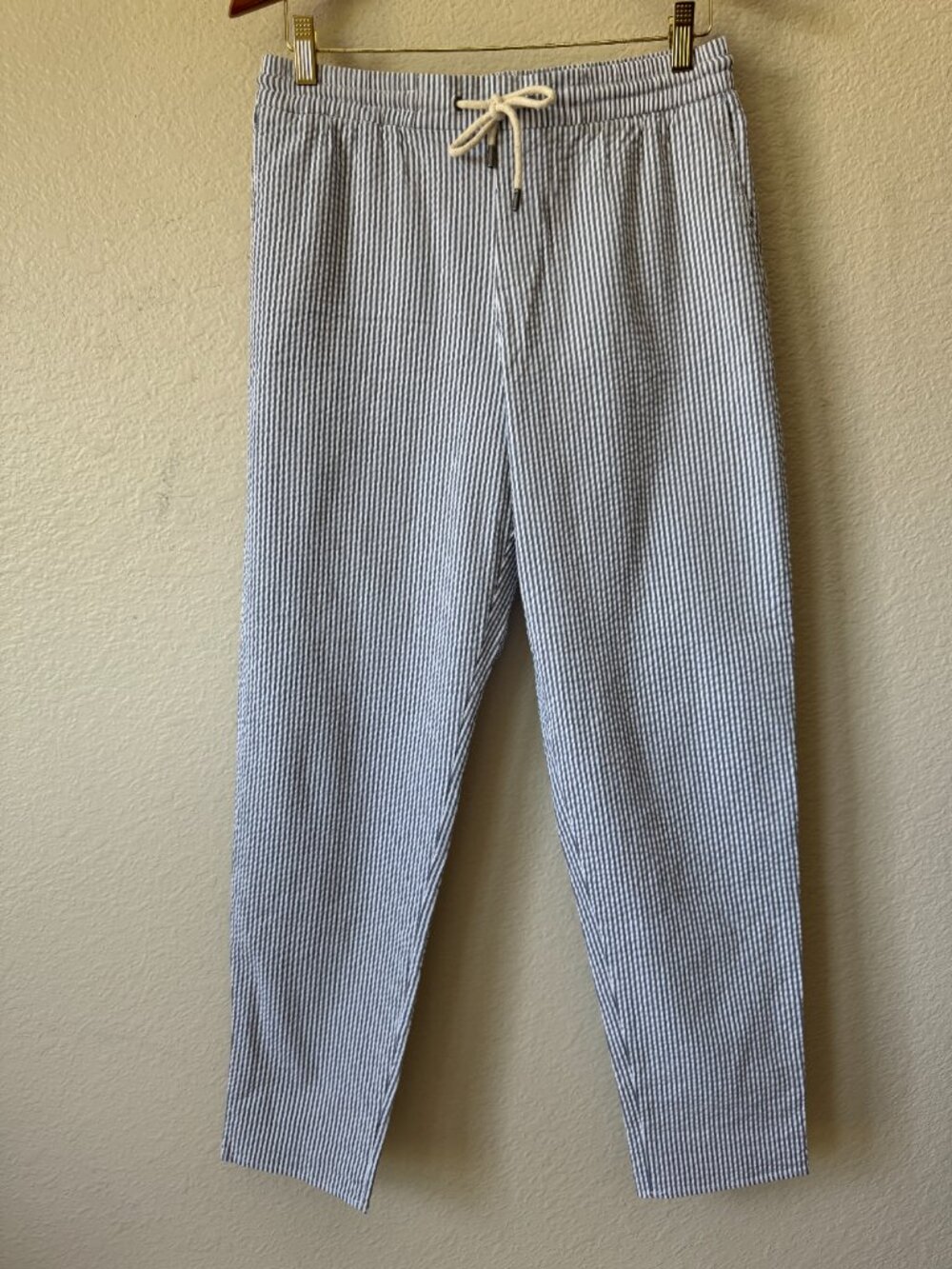Esprit Vtg Y2K Seersucker Stripe Pant High Rise Tapered Leg Waist Tie Nautical